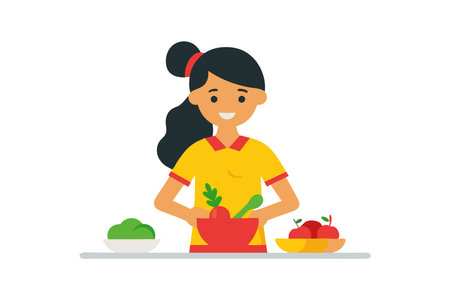 A girl preparing vegetables, demonstrating healthy cooking and nutrition.のイラスト素材