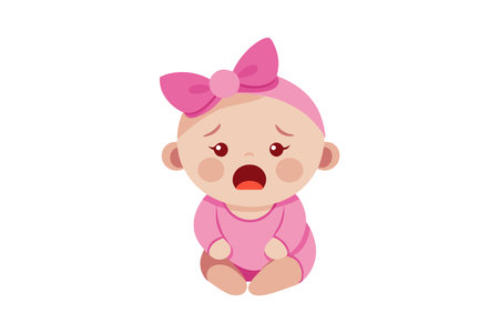 Illustration of a crying baby with a bow on its head, expressing sadness.のイラスト素材