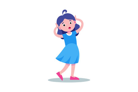 Cartoon girl in blue dress holding headのイラスト素材