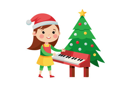 Female pianist in santa hat by xmas treeのイラスト素材