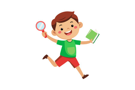Boy running with magnifying glass and bookのイラスト素材