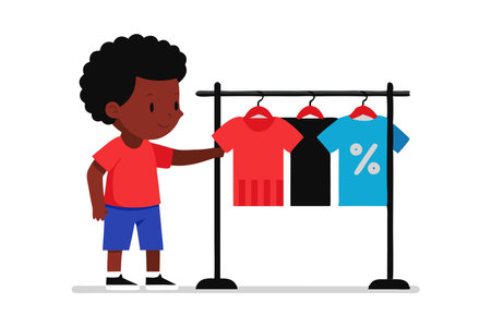 Illustration of a cute boy shopping for clothes, choosing from a rack with colorful t-shirts. Perfect for kids' fashion, shopping, and retail concepts.のイラスト素材