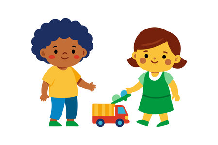 Two children are playing with a toy truck. One child is holding the toy truck and the other child is looking at itのイラスト素材