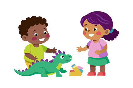 Happy children playing with a toy dinosaur and enjoying a fun, playful moment together. The image showcases friendship, joy, and childhood innocence.のイラスト素材