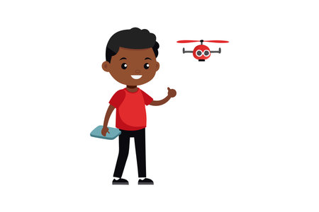 A young boy is holding a remote control and smiling as he flies a red and white drone. The scene is...