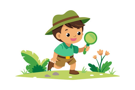 A young boy is running through a field with a magnifying glass in his hand. He is wearing a green hat and a green shirtのイラスト素材