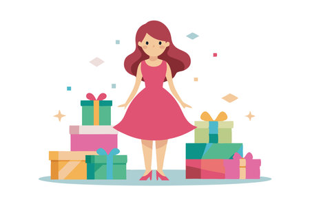 Illustration of a girl in a pink dress standing with many presents, enjoying a joyful festive scene.のイラスト素材