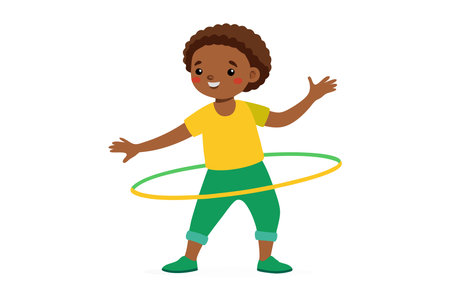 Joyful child having fun with a hula hoop, demonstrating playful and energetic activity.のイラスト素材