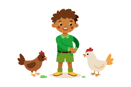 Illustration of a cheerful child standing between two chickens, showing a friendly farm scene with happy vibes.のイラスト素材