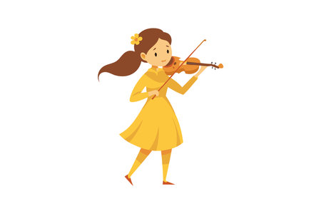 Illustration of a girl in a yellow dress playing a violin, showing her musical talent.のイラスト素材