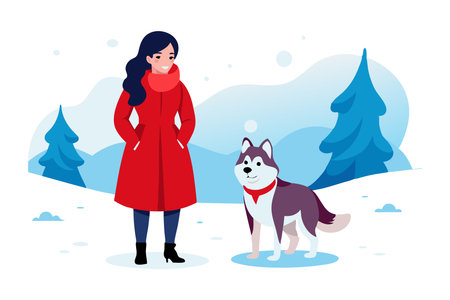 Smiling woman in red coat walking with her husky dog in a snowy winter landscape. Illustration of joyful outdoor winter activity.のイラスト素材