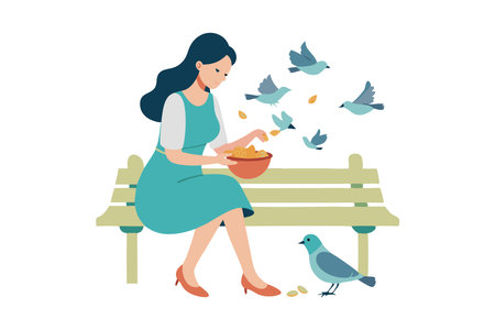 Illustration of a woman sitting on a park bench feeding birds, symbolizing peace, nature, and tranquility.のイラスト素材