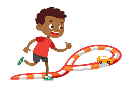 Cheerful young boy playing with a toy car on a winding track, filled with joy and excitement.のイラスト素材