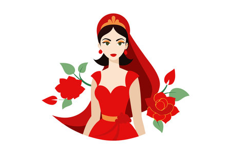 Vector illustration of an elegant woman in a red dress with a detailed floral background, embodying beauty, fashion, and elegance.のイラスト素材