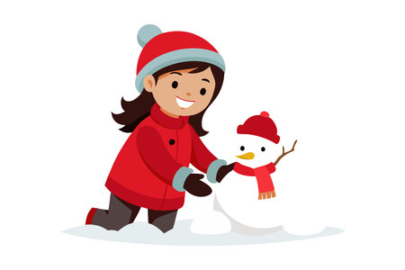 Illustration of a happy child building a small snowman, dressed in winter clothing in a snowy environment, depicting joy and fun during winter holidays.のイラスト素材