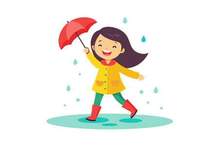 Cheerful child in yellow raincoat and red boots, jumping in puddles with a red umbrella on a rainy day. Fun and playful illustration.のイラスト素材