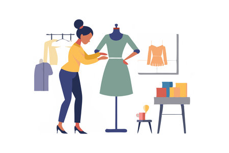 Fashion designer working in studio adjusting dress on mannequin with clothing rack and fashion sketches in the background.のイラスト素材