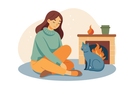 Illustration of a woman sitting with a cat by a fireplace. Represents relaxation, comfort, and a cozy domestic environment.のイラスト素材