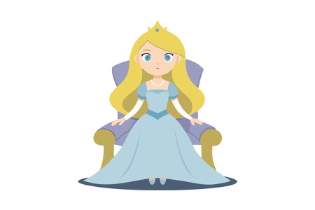 Vector illustration of a princess in a light blue dress and crown sitting on a throne. Ideal for fairytale, royalty, and children's book themes.のイラスト素材