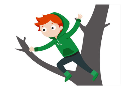 A cartoon illustration showing a young boy in a green hoodie climbing a tree branch, depicting outdoor adventure and play.のイラスト素材