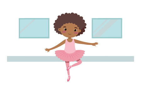 Illustration of a cute little ballerina girl dancing in a pink tutu in a ballet studio. Perfect for children's educational materials and dance-themed designs.のイラスト素材