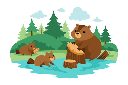 Cute illustration of a beaver family in a forest scene, busy chopping wood and playing near a pond,...