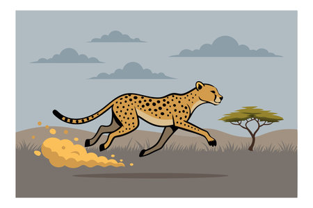 Digital illustration of a cheetah sprinting across the savanna, showingcasing speed and agility. Dust trails behind as it dashes forward.のイラスト素材