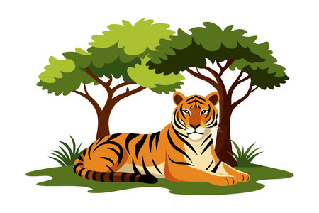 Colorful illustration featuring a majestic tiger resting under trees, depicting wildlife and nature's tranquility.のイラスト素材