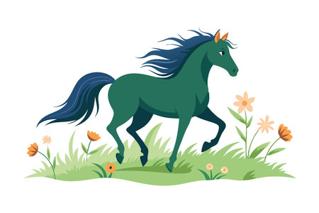 Bright and whimsical illustration of a green horse galloping gracefully in a flowering meadow, exuding a sense of freedom and joy.のイラスト素材