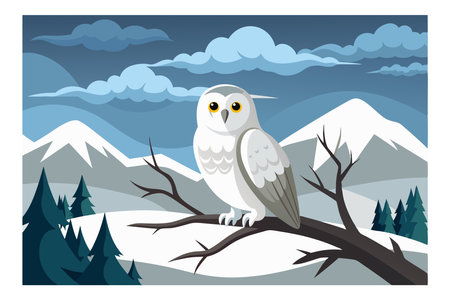 Vector illustration of a snowy owl sitting on a branch in a snowy winter mountain landscape with cloudy sky.のイラスト素材