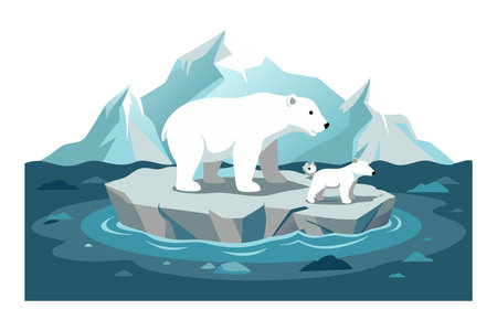 Illustrated scene depicting a polar bear parent and cub standing on an ice floe in an Arctic landscape with mountains in the background.のイラスト素材