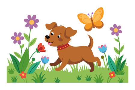 Illustration of a cheerful dog running after a butterfly in a vibrant garden with various flowers.のイラスト素材