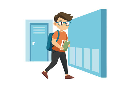 Cartoon illustration of a young student walking in a school hallway carrying books and wearing a backpack.のイラスト素材