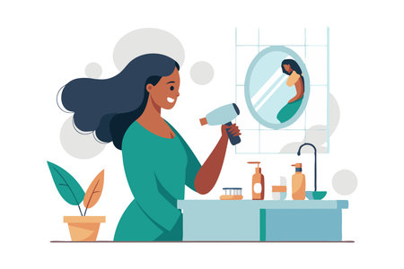 Animated illustration of a woman using a hairdryer in the bathroom, showing a daily self-care and beauty routine.のイラスト素材