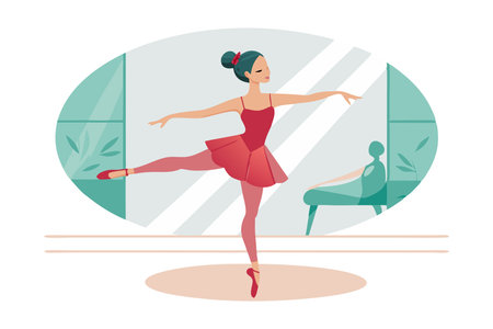 Illustration of a ballet dancer gracefully practicing in a studio with a large mirror and barre.のイラスト素材