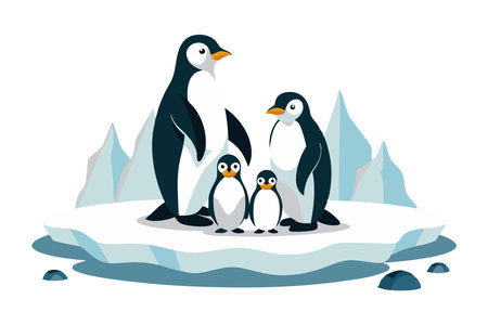 Illustration of a penguin family on an ice floe in Antarctica, depicting parents and two chicks with a mountainous icy backgroundのイラスト素材