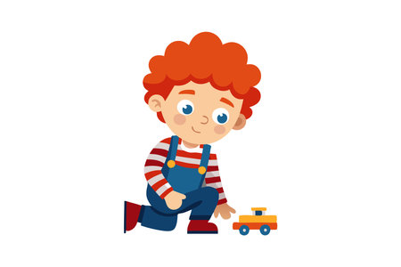 Colorful cartoon illustration of a happy little boy in overalls playing with a toy car on the floor.のイラスト素材