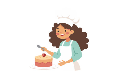 Happy cartoon girl decorating a cake with a cherry while wearing a chef hat and apron. Fun and playful illustration representing cooking and baking joys.のイラスト素材