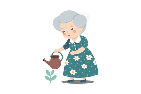 Illustration of an elderly woman in a floral dress watering a small plant, depicting nurturing and gardening.のイラスト素材
