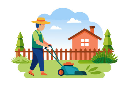 Illustration of a man moving the lawn in the front yard of a house with a fence and trees in a flat design style.のイラスト素材