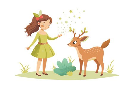 Cartoon of a girl in a green dress with a deer with antlers in a grassy setting, with stars around.のイラスト素材
