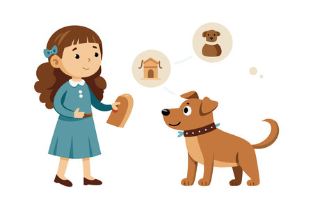 Illustration of a girl feeding a happy dog, with thought bubbles showing home and bone.のイラスト素材