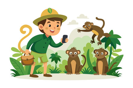 Illustration of a boy explorer taking photos of playful monkeys in a lush jungle setting. Adventure and wildlife theme with cartoon style.のイラスト素材