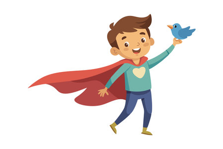 Illustration of happy cartoon boy wearing red cape, holding a blue bird, and smiling, isolated on a white backgroundのイラスト素材