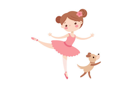 Illustration of a ballerina in a pink tutu dancing with a small dog jumping beside her.のイラスト素材