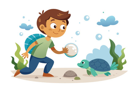 Happy child and turtle interact underwater in a colorful and animated illustration, depicting joy and curiosityのイラスト素材