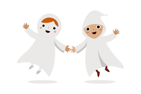 Kids dressed as ghosts holding handsのイラスト素材