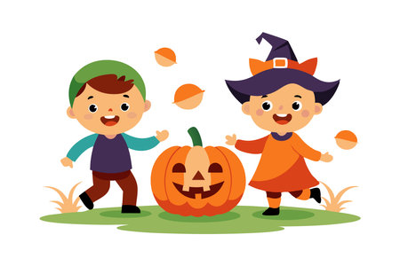 Kids dressed as pumpkin and witch for Halloweenのイラスト素材