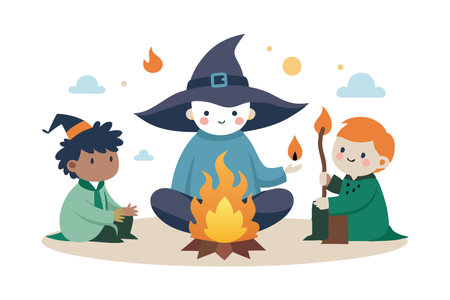 Kids camping with a fire under the night skyのイラスト素材