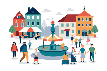People enjoying a day at the town squareのイラスト素材